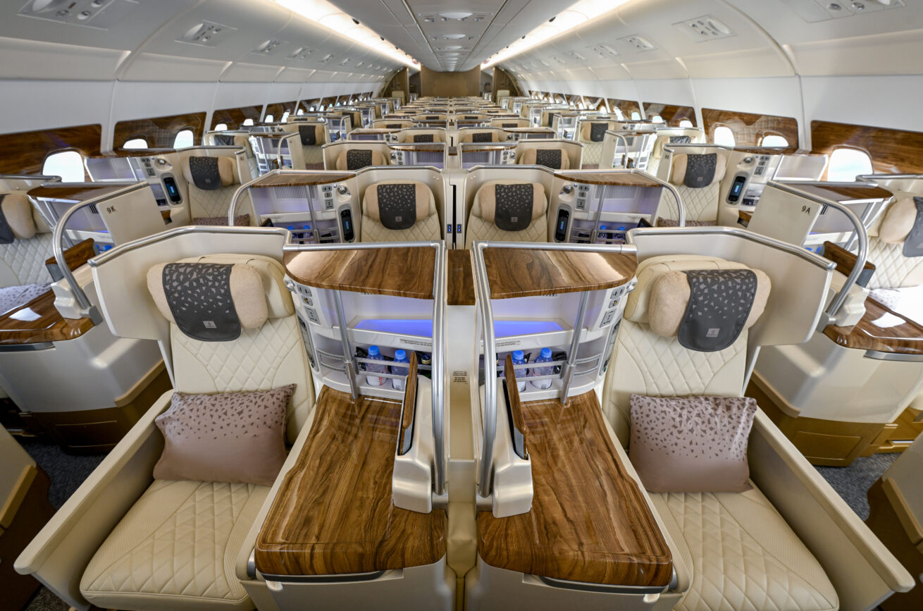 Business Class in the newly retrofitted A380 aircraft- converted from two class to three class