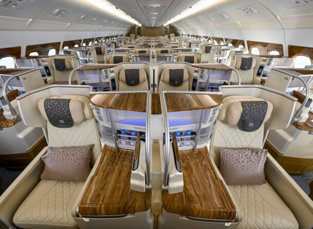 Business Class in the newly retrofitted A380 aircraft- converted from two class to three class